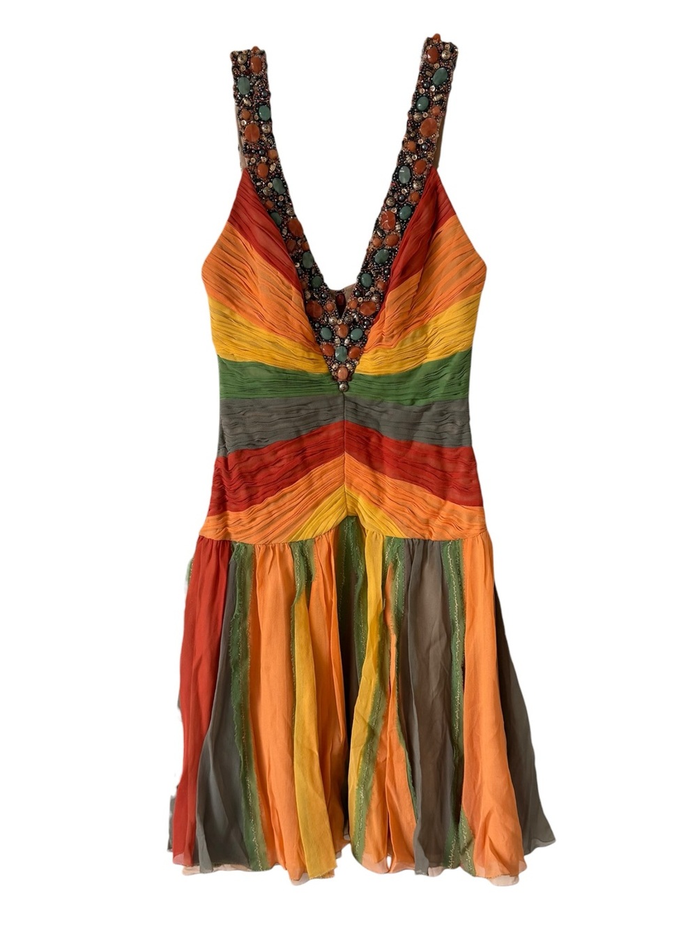 NWT Mandalay Multicolored Deep V Beaded Silk Mini Dress 6